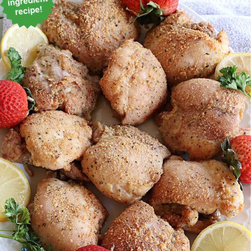 Garlic Herb Parmesan Chicken Thighs | Can't Stay Out of the Kitchen | this incredibly easy #recipe uses only 3 ingredients! It's perfect for weeknight dinners when you're short on time. So easy to make & so delectable to the taste buds! Great for company dinners too! #chicken #ChickenThighs #ParmesanCheese #GarlicHerbParmesanChickenThighs