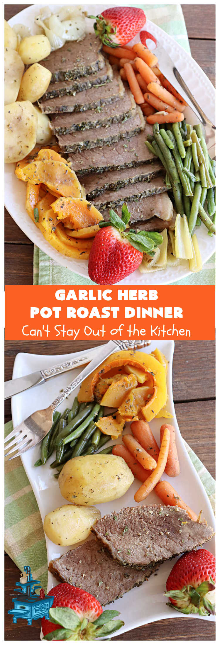 Garlic Herb Pot Roast Dinner | Can't Stay Out of the Kitchen | this easy one-dish #dinner idea is so simple since it's all tossed together in the #SlowCooker. #Beef #potatoes #carrots #PotRoast #ButternutSquash #GreenBeans #GlutenFree #healthy #LowCalorie #OneDishMeal #GarlicHerbPotRoastDinner #crockpot