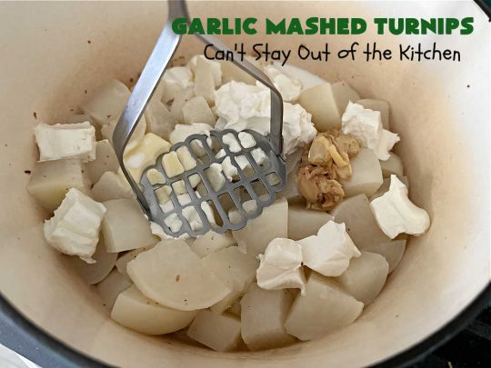 Garlic Mashed Turnips | Can't Stay Out of the Kitchen | this fabulous #SideDish is made like #GarlicMashedPotatoes but with #turnips instead. It also includes #bacon which adds a savory deliciousness that can' be beat. Terrific accompaniment for #Christmas, #Easter or #Thanksgiving dinners, company dinners or for #steak, #chicken or #pork. #garlic #GlutenFree #GarlicMashedTurnips