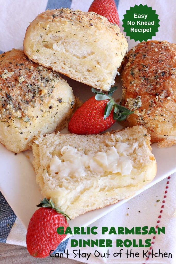 Garlic Parmesan Dinner Rolls | Can't Stay Out of the Kitchen | these #DinnerRolls are fantastic! They're easy to whip up since they're no-knead #rolls. #NoKneading #NoMixing! They're made in the #breadmaker. The rolls are glazed with a #garlic #parmesan #herb butter sauce and are totally mouthwatering. Great for #holidays, company dinners & especially any time you serve #pasta. Everyone will want seconds! #bread #GarlicParmesanDinnerRolls