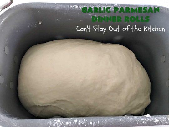 Garlic Parmesan Dinner Rolls | Can't Stay Out of the Kitchen | these #DinnerRolls are fantastic! They're easy to whip up since they're no-knead #rolls. #NoKneading #NoMixing! They're made in the #breadmaker. The rolls are glazed with a #garlic #parmesan #herb butter sauce and are totally mouthwatering. Great for #holidays, company dinners & especially any time you serve #pasta. Everyone will want seconds! #bread #GarlicParmesanDinnerRolls