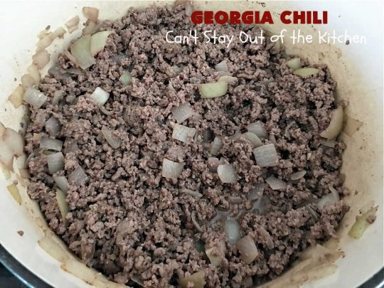 Georgia Chili | Can't Stay Out of the Kitchen | this amazing #chili will knock your socks off! It's perfect for weeknight dinners or company! The texture is heavenly & the taste awesome. #GroundBeef #ChiliBeans #GeorgiaChili