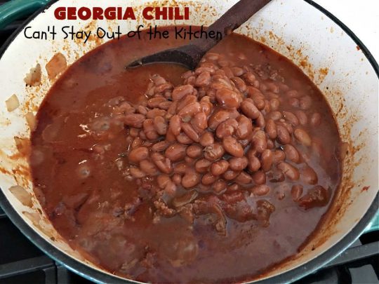 Georgia Chili | Can't Stay Out of the Kitchen | this amazing #chili will knock your socks off! It's perfect for weeknight dinners or company! The texture is heavenly & the taste awesome. #GroundBeef #ChiliBeans #GeorgiaChili
