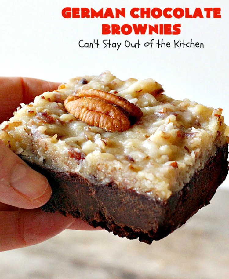 German Chocolate Brownies | Can't Stay Out of the Kitchen | these sensational #brownies have a thick, dense, fudgy #chocolate layer topped with #coconut #pecan icing. These are seriously addictive! #dessert