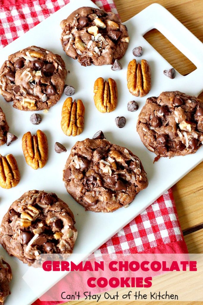 German Chocolate Cookies | Can't Stay Out of the Kitchen | these luscious #cookies use only 6 ingredients since they start with a #CakeMix. If you enjoy #GermanChocolateCake this #dessert is for you! #coconut #pecans #chocolate #GermanChocolateCookies #ChocolateChips #tailgating #holiday #ChristmasCookieExchange #HolidayBaking