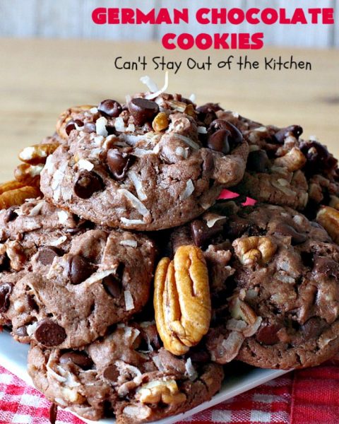 German Chocolate Cookies | Can't Stay Out of the Kitchen | these luscious #cookies use only 6 ingredients since they start with a #CakeMix. If you enjoy #GermanChocolateCake this #dessert is for you! #coconut #pecans #chocolate #GermanChocolateCookies #ChocolateChips #tailgating #holiday #ChristmasCookieExchange #HolidayBaking