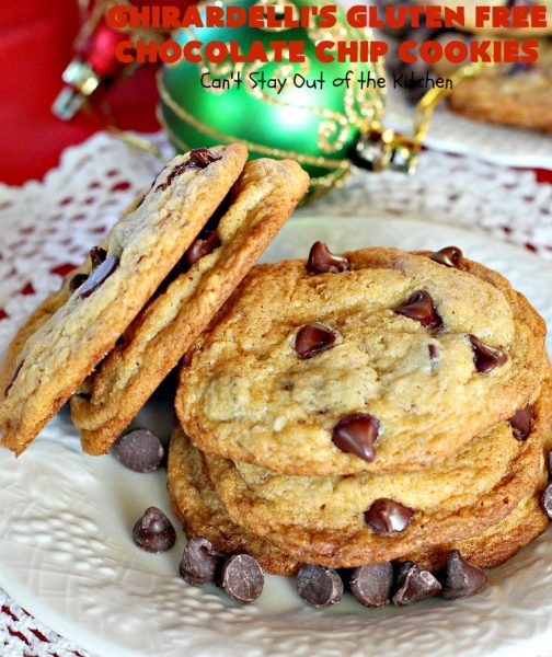 Ghirardelli's Gluten Free Chocolate Chip Cookies | Can't Stay Out of the Kitchen | these fabulous #ChocolateChipCookies are made with #GlutenFree flour & #GhirardellisChocolateChips. Mouthwatering & scrumptious treat for #holiday #baking. #ChristmasCookieExchange #Chocolate #ChocolateChips #GlutenFreeDessert #ChocolateDessert #GhirardellisGlutenFreeChocolateChipCookies #HolidayDessert #Ghirardellis
