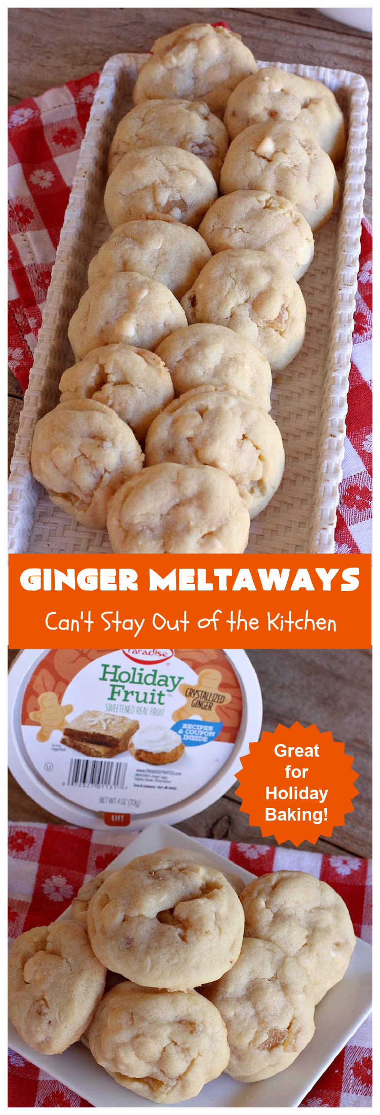 Ginger Meltaways | Can't Stay Out of the Kitchen | these scrumptious melt-in-your-mouth #cookies include #CrystalizedGinger & vanilla chips. They are phenomenal & perfect for a #ChristmasCookieExchange, #holiday #baking or parties or even potluck dinners! #ginger #ChristmasCookie #GingerMeltaways #ParadiseFruitCompany #ParadiseCandiedFruit