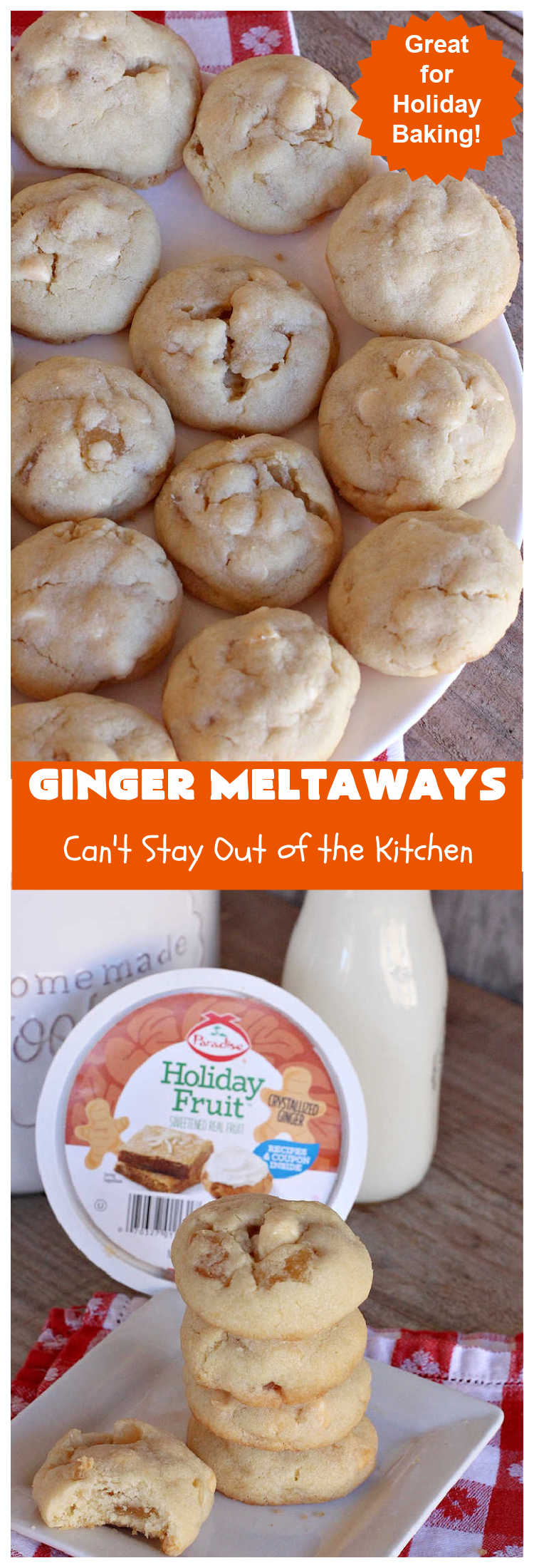 Ginger Meltaways | Can't Stay Out of the Kitchen | these scrumptious melt-in-your-mouth #cookies include #CrystalizedGinger & vanilla chips. They are phenomenal & perfect for a #ChristmasCookieExchange, #holiday #baking or parties or even potluck dinners! #ginger #ChristmasCookie #GingerMeltaways #ParadiseFruitCompany #ParadiseCandiedFruit