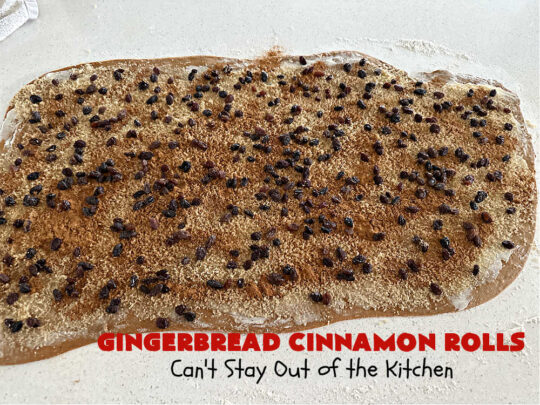 Gingerbread Cinnamon Rolls | Can't Stay Out of the Kitchen | These amazing #CinnamonRolls are the perfect #breakfast or #brunch idea for #holidays like #Thanksgiving, #Christmas or #NewYears. The down-home flavors of #gingerbread permeate this delightful #recipe. Every bite will have you swooning. #raisins #ginger #HolidayBreakfast #GingerbreadCinnamonRolls