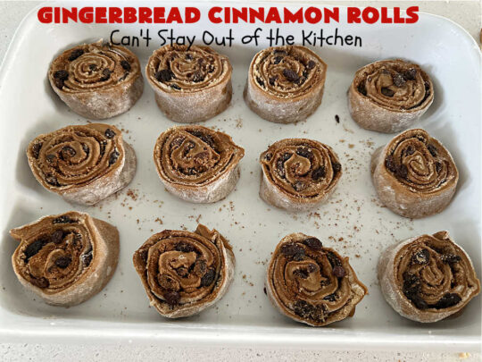 Gingerbread Cinnamon Rolls | Can't Stay Out of the Kitchen | These amazing #CinnamonRolls are the perfect #breakfast or #brunch idea for #holidays like #Thanksgiving, #Christmas or #NewYears. The down-home flavors of #gingerbread permeate this delightful #recipe. Every bite will have you swooning. #raisins #ginger #HolidayBreakfast #GingerbreadCinnamonRolls