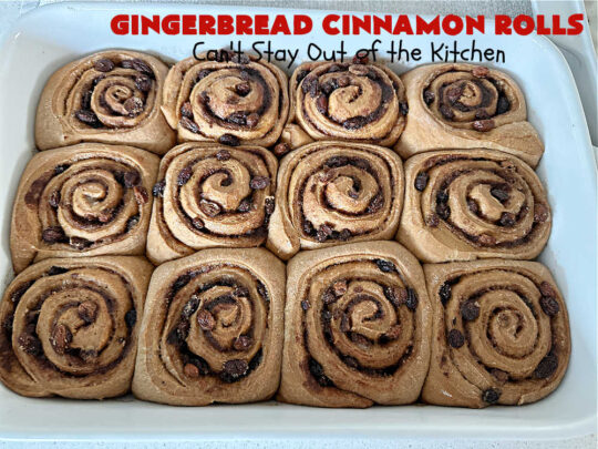 Gingerbread Cinnamon Rolls | Can't Stay Out of the Kitchen | These amazing #CinnamonRolls are the perfect #breakfast or #brunch idea for #holidays like #Thanksgiving, #Christmas or #NewYears. The down-home flavors of #gingerbread permeate this delightful #recipe. Every bite will have you swooning. #raisins #ginger #HolidayBreakfast #GingerbreadCinnamonRolls