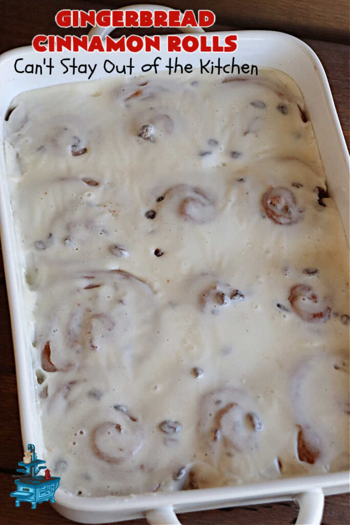 Gingerbread Cinnamon Rolls | Can't Stay Out of the Kitchen | These amazing #CinnamonRolls are the perfect #breakfast or #brunch idea for #holidays like #Thanksgiving, #Christmas or #NewYears. The down-home flavors of #gingerbread permeate this delightful #recipe. Every bite will have you swooning. #raisins #ginger #HolidayBreakfast #GingerbreadCinnamonRolls