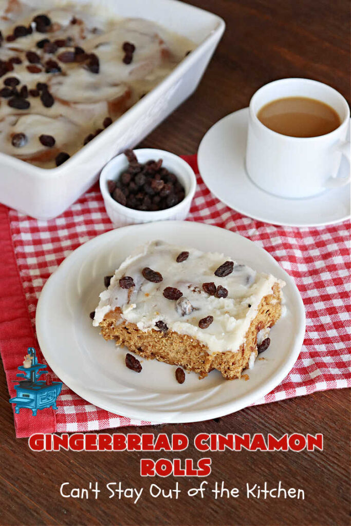 Gingerbread Cinnamon Rolls | Can't Stay Out of the Kitchen | These amazing #CinnamonRolls are the perfect #breakfast or #brunch idea for #holidays like #Thanksgiving, #Christmas or #NewYears. The down-home flavors of #gingerbread permeate this delightful #recipe. Every bite will have you swooning. #raisins #ginger #HolidayBreakfast #GingerbreadCinnamonRolls