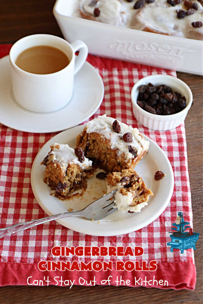 Gingerbread Cinnamon Rolls | Can't Stay Out of the Kitchen | These amazing #CinnamonRolls are the perfect #breakfast or #brunch idea for #holidays like #Thanksgiving, #Christmas or #NewYears. The down-home flavors of #gingerbread permeate this delightful #recipe. Every bite will have you swooning. #raisins #ginger #HolidayBreakfast #GingerbreadCinnamonRolls