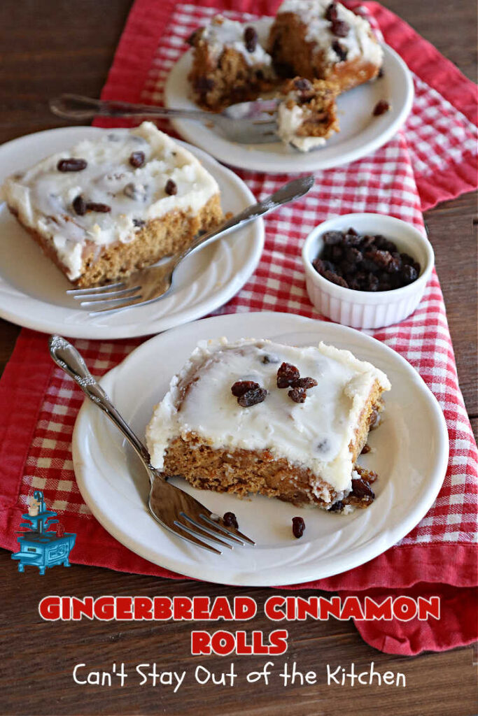 Gingerbread Cinnamon Rolls | Can't Stay Out of the Kitchen | These amazing #CinnamonRolls are the perfect #breakfast or #brunch idea for #holidays like #Thanksgiving, #Christmas or #NewYears. The down-home flavors of #gingerbread permeate this delightful #recipe. Every bite will have you swooning. #raisins #ginger #HolidayBreakfast #GingerbreadCinnamonRolls