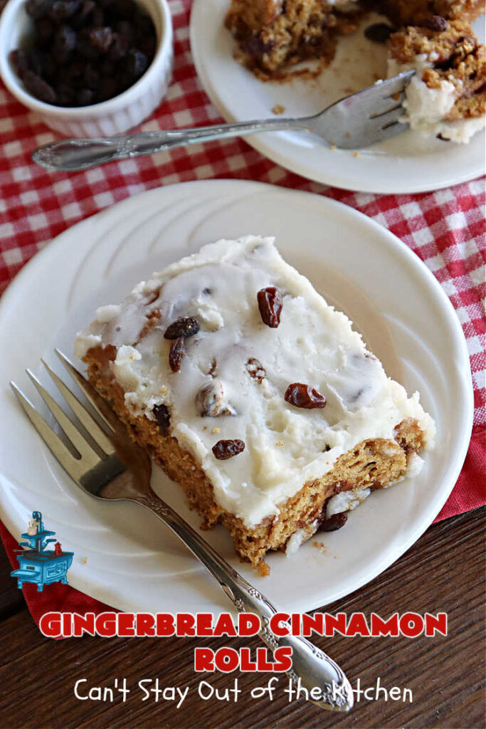 Gingerbread Cinnamon Rolls | Can't Stay Out of the Kitchen | These amazing #CinnamonRolls are the perfect #breakfast or #brunch idea for #holidays like #Thanksgiving, #Christmas or #NewYears. The down-home flavors of #gingerbread permeate this delightful #recipe. Every bite will have you swooning. #raisins #ginger #HolidayBreakfast #GingerbreadCinnamonRolls