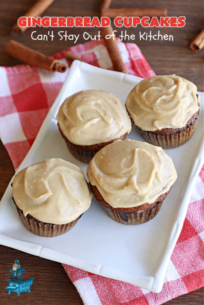 Gingerbread Cupcakes | Can't Stay Out of the Kitchen | Enjoy the marvelous flavors of #molasses & #ginger in these luscious #GingerbreadCupcakes. These #cupcakes have a terrific #caramel #icing that will have you drooling! Wonderful for #Thanksgiving or #Christmas dinner, #holiday, office or #tailgating parties. #Gingerbread