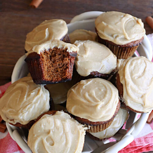 Gingerbread Cupcakes | Can't Stay Out of the Kitchen | Enjoy the marvelous flavors of #molasses & #ginger in these luscious #GingerbreadCupcakes. These #cupcakes have a terrific #caramel #icing that will have you drooling! Wonderful for #Thanksgiving or #Christmas dinner, #holiday, office or #tailgating parties. #Gingerbread