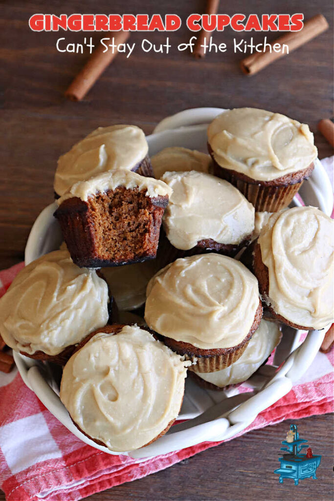 Gingerbread Cupcakes | Can't Stay Out of the Kitchen | Enjoy the marvelous flavors of #molasses & #ginger in these luscious #GingerbreadCupcakes. These #cupcakes have a terrific #caramel #icing that will have you drooling! Wonderful for #Thanksgiving or #Christmas dinner, #holiday, office or #tailgating parties. #Gingerbread