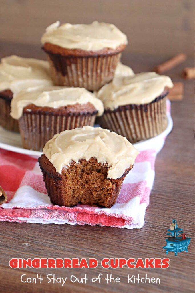 Gingerbread Cupcakes | Can't Stay Out of the Kitchen | Enjoy the marvelous flavors of #molasses & #ginger in these luscious #GingerbreadCupcakes. These #cupcakes have a terrific #caramel #icing that will have you drooling! Wonderful for #Thanksgiving or #Christmas dinner, #holiday, office or #tailgating parties. #Gingerbread
