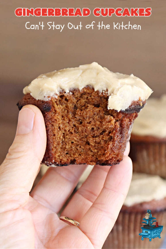 Gingerbread Cupcakes | Can't Stay Out of the Kitchen | Enjoy the marvelous flavors of #molasses & #ginger in these luscious #GingerbreadCupcakes. These #cupcakes have a terrific #caramel #icing that will have you drooling! Wonderful for #Thanksgiving or #Christmas dinner, #holiday, office or #tailgating parties. #Gingerbread