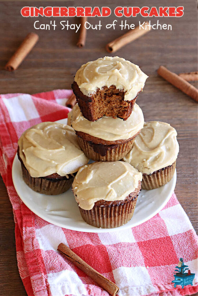Gingerbread Cupcakes | Can't Stay Out of the Kitchen | Enjoy the marvelous flavors of #molasses & #ginger in these luscious #GingerbreadCupcakes. These #cupcakes have a terrific #caramel #icing that will have you drooling! Wonderful for #Thanksgiving or #Christmas dinner, #holiday, office or #tailgating parties. #Gingerbread