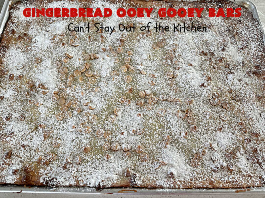 Gingerbread Ooey Gooey Bars | Can't Stay Out of the Kitchen | these delicious bar-type #cookies have all the classic flavors of #OoeyGooeyBars but with a #Gingerbread flavor instead! A #GingerbreadCakeMix is used for the crust layer. It's topped with a #CheeseCake layer, #WhiteChocolateChips & sprinkled with #PowderedSugar. Every bite will knock your socks off! Great for #Christmas or #holiday parties, #tailgating or a #ChristmasCookieExchange. #dessert #GingerbreadDessert #GingerbreadOoeyGooeyBars