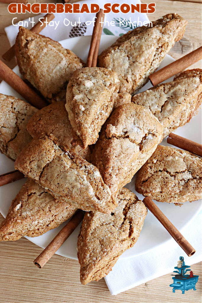 Gingerbread Scones | Can't Stay Out of the Kitchen | these #gingerbread #scones have all the delicious flavor from #ginger & #molasses perfectly balanced with the sweetness of #BrownSugar. Every bite is so mouthwatering & satisfying. Terrific for a weekend, company or #holiday #breakfast or #brunch. #GingerbreadScones