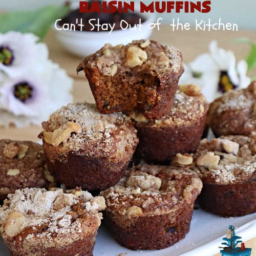 Gingerbread Streusel Raisin Muffins | Can't Stay Out of the Kitchen | these delicious #GingerbreadMuffins are terrific for #FallBaking & for a #holiday #breakfast. The old-world flavors of this #recipe include #molasses, #ginger, #raisins & #cinnamon. The #streusel topping includes #walnuts which add delightful crunchiness. Your family will love these tasty #muffins for your next weekend or company #breakfast. #HolidayBreakfast #raisins #Gingerbread #GingerbreadStreuselRaisinMuffins