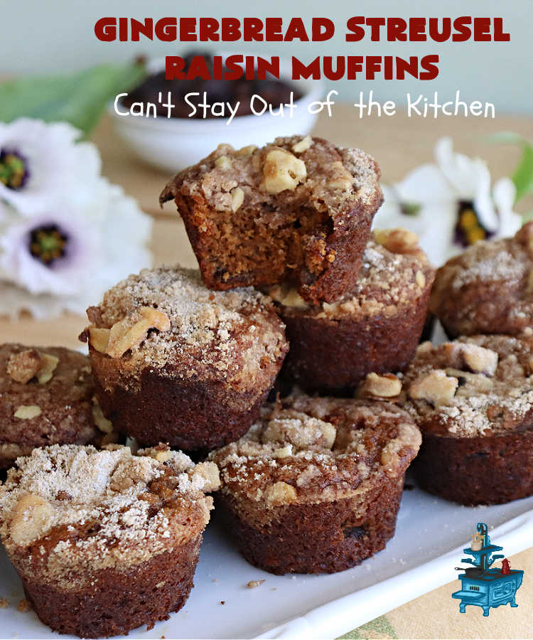 Gingerbread Streusel Raisin Muffins | Can't Stay Out of the Kitchen | these delicious #GingerbreadMuffins are terrific for #FallBaking & for a #holiday #breakfast. The old-world flavors of this #recipe include #molasses, #ginger, #raisins & #cinnamon. The #streusel topping includes #walnuts which add delightful crunchiness. Your family will love these tasty #muffins for your next weekend or company #breakfast. #HolidayBreakfast #raisins #Gingerbread #GingerbreadStreuselRaisinMuffins