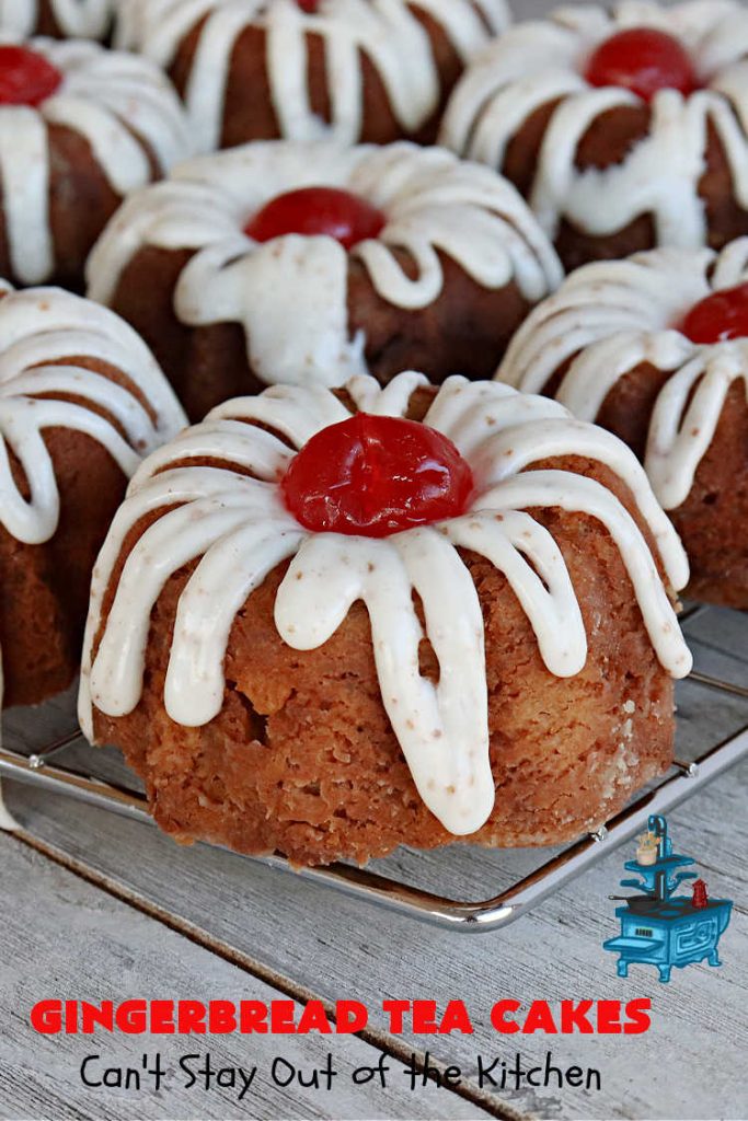 Gingerbread Tea Cakes | Can't Stay Out of the Kitchen | these luscious #TeaCakes are made with a #Gingerbread mix. They include #walnuts & vanilla chips. The icing is canned #CinnamonToastCrunch icing! Every bite is spectacular & will have you swooning! #holiday #baking #Christmas #dessert #cake #GingerbreadTeaCakes