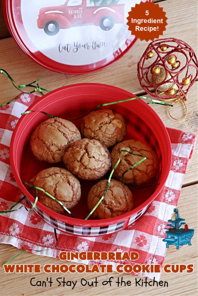 Gingerbread White Chocolate Cookie Cups | Can't Stay Out of the Kitchen | this luscious #Gingerbread #dessert is so drool-worthy! So easy to make since they start with a #GingerbreadCakeMix & use only 5 ingredients! Real #WhiteChocolateChips add scrumptious flavor. Great for #tailgating, #holiday or #Christmas parties. #chocolate #cookies #GingerbreadCookies #GingerbreadWhiteChocolateCookieCups