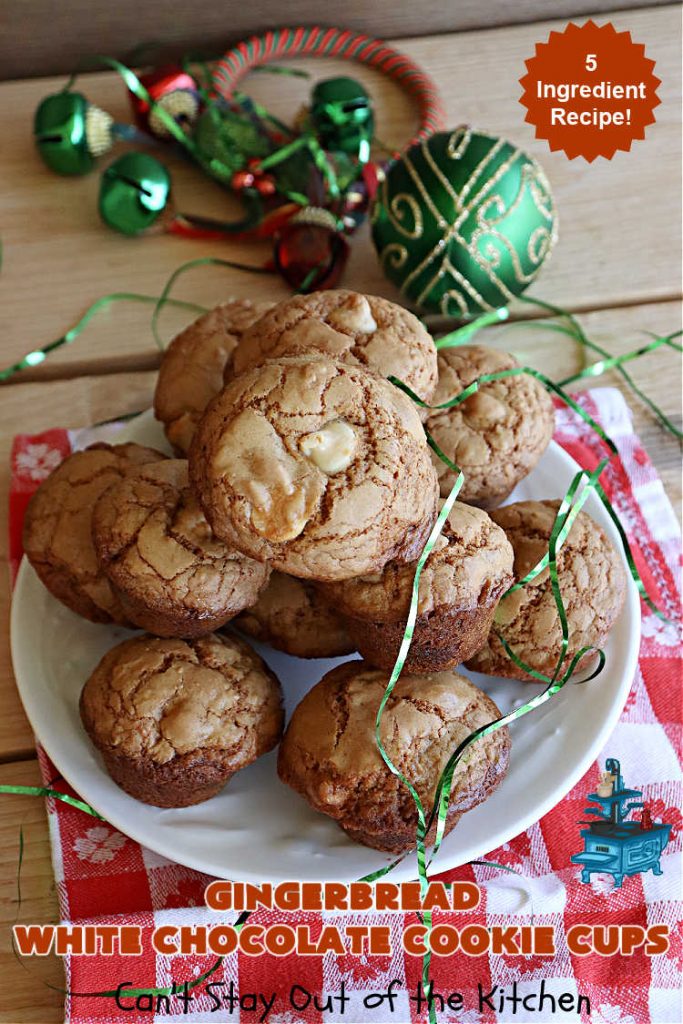 Gingerbread White Chocolate Cookie Cups | Can't Stay Out of the Kitchen | this luscious #Gingerbread #dessert is so drool-worthy! So easy to make since they start with a #GingerbreadCakeMix & use only 5 ingredients! Real #WhiteChocolateChips add scrumptious flavor. Great for #tailgating, #holiday or #Christmas parties. #chocolate #cookies #GingerbreadCookies #GingerbreadWhiteChocolateCookieCups