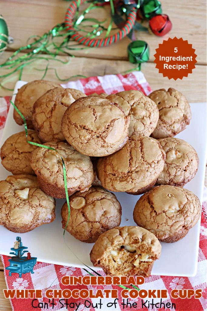 Gingerbread White Chocolate Cookie Cups | Can't Stay Out of the Kitchen | this luscious #Gingerbread #dessert is so drool-worthy! So easy to make since they start with a #GingerbreadCakeMix & use only 5 ingredients! Real #WhiteChocolateChips add scrumptious flavor. Great for #tailgating, #holiday or #Christmas parties. #chocolate #cookies #GingerbreadCookies #GingerbreadWhiteChocolateCookieCups