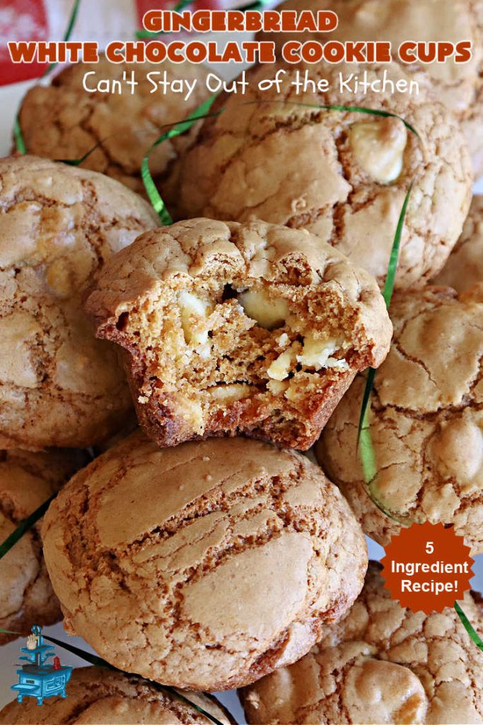 Gingerbread White Chocolate Cookie Cups | Can't Stay Out of the Kitchen | this luscious #Gingerbread #dessert is so drool-worthy! So easy to make since they start with a #GingerbreadCakeMix & use only 5 ingredients! Real #WhiteChocolateChips add scrumptious flavor. Great for #tailgating, #holiday or #Christmas parties. #chocolate #cookies #GingerbreadCookies #GingerbreadWhiteChocolateCookieCups