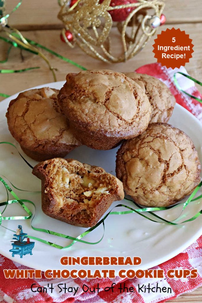 Gingerbread White Chocolate Cookie Cups | Can't Stay Out of the Kitchen | this luscious #Gingerbread #dessert is so drool-worthy! So easy to make since they start with a #GingerbreadCakeMix & use only 5 ingredients! Real #WhiteChocolateChips add scrumptious flavor. Great for #tailgating, #holiday or #Christmas parties. #chocolate #cookies #GingerbreadCookies #GingerbreadWhiteChocolateCookieCups