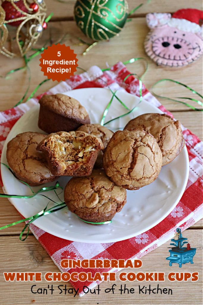 Gingerbread White Chocolate Cookie Cups | Can't Stay Out of the Kitchen | this luscious #Gingerbread #dessert is so drool-worthy! So easy to make since they start with a #GingerbreadCakeMix & use only 5 ingredients! Real #WhiteChocolateChips add scrumptious flavor. Great for #tailgating, #holiday or #Christmas parties. #chocolate #cookies #GingerbreadCookies #GingerbreadWhiteChocolateCookieCups