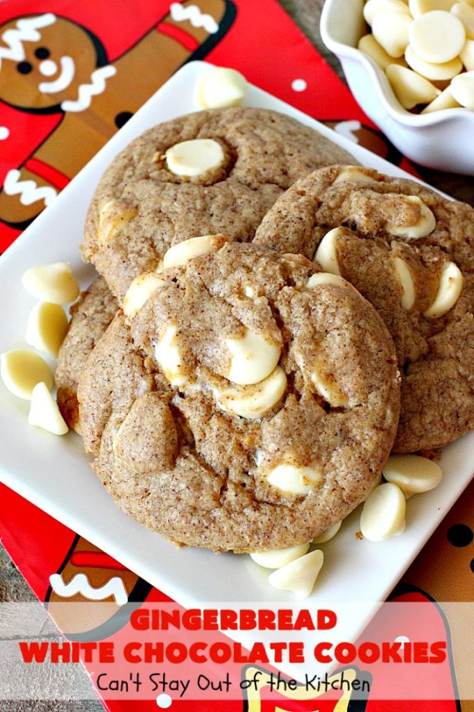 Gingerbread White Chocolate Cookies | Can't Stay Out of the Kitchen | this incredibly easy 5-ingredient #cookie recipe is heavenly. It's terrific for #holiday baking, #Christmas cookie exchanges & office parties. #dessert #gingerbread #chocolate 