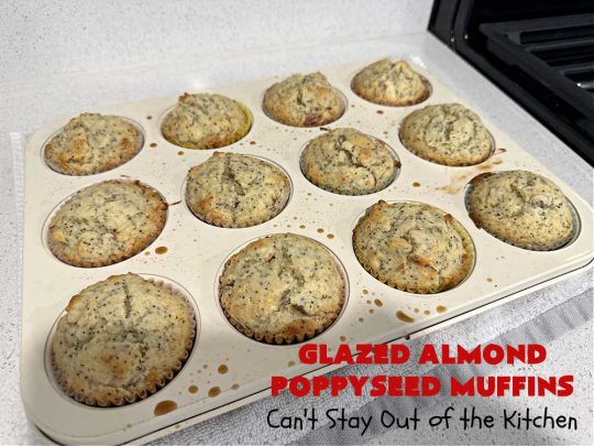 Glazed Almond Poppyseed Muffins | Can't Stay Out of the Kitchen | these fantastic #muffins just pop with #almond flavor. They're delightful to serve for a family, company or #holiday #breakfast. Every bite will have you swooning. #poppyseeds #GlazedAlmondPoppyseedMuffins