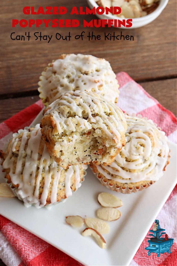 Glazed Almond Poppyseed Muffins | Can't Stay Out of the Kitchen | these fantastic #muffins just pop with #almond flavor. They're delightful to serve for a family, company or #holiday #breakfast. Every bite will have you swooning. #poppyseeds #GlazedAlmondPoppyseedMuffinsGlazed Almond Poppyseed Muffins | Can't Stay Out of the Kitchen | these fantastic #muffins just pop with #almond flavor. They're delightful to serve for a family, company or #holiday #breakfast. Every bite will have you swooning. #poppyseeds #GlazedAlmondPoppyseedMuffins