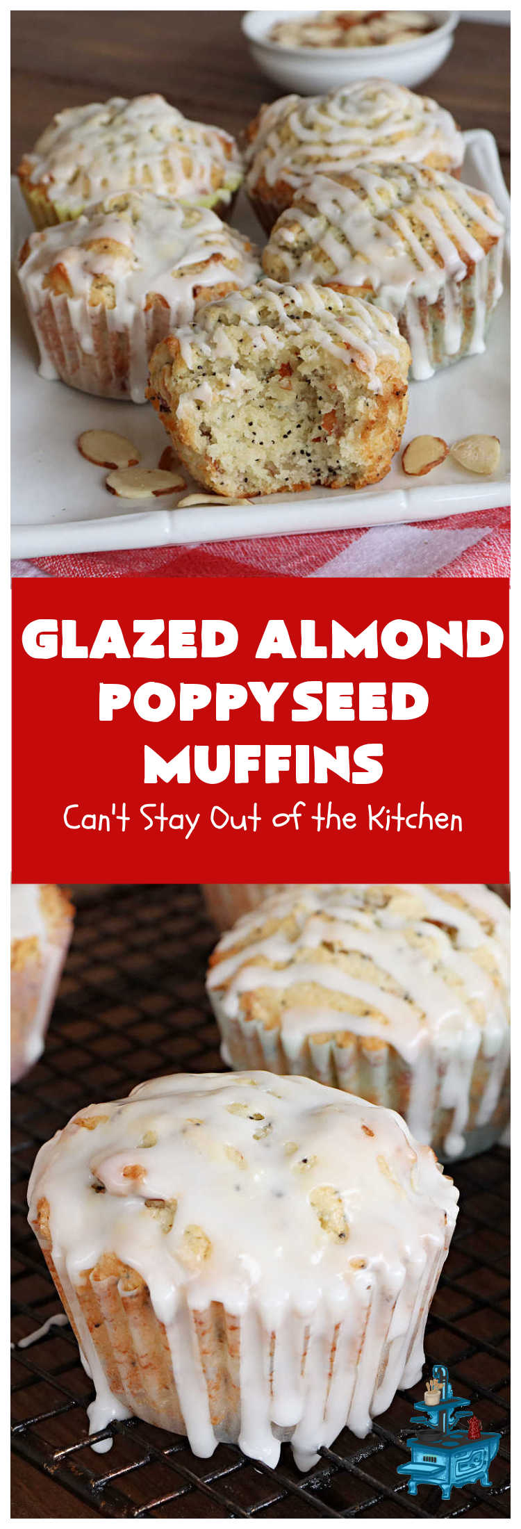 Glazed Almond Poppyseed Muffins | Can't Stay Out of the Kitchen | these fantastic #muffins just pop with #almond flavor. They're delightful to serve for a family, company or #holiday #breakfast. Every bite will have you swooning. #poppyseeds #GlazedAlmondPoppyseedMuffins