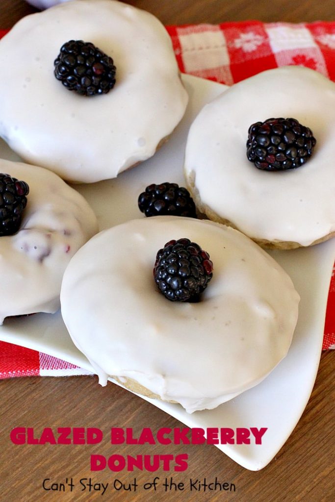 Glazed Blackberry Donuts | Can't Stay Out of the Kitchen | these #donuts are absolutely heavenly. They're filled with #blackberries & glazed with a luscious vanilla glaze. Perfect for a #holiday, company or weekend #breakfast. #HolidayBreakfast #BlackberryDonuts #BakedDonuts