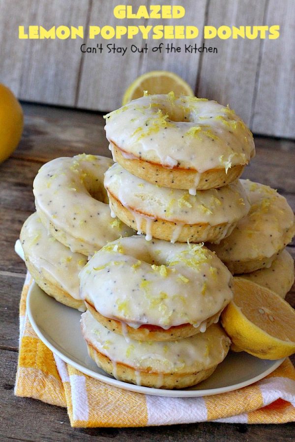 Glazed Lemon Poppyseed Donuts | Can't Stay Out of the Kitchen | these #donuts are awesome! They have #lemon juice & lemon zest in both the donut and icing. Terrific for a weekend or #holiday #breakfast. #poppyseeds #HolidayBreakfast #LemonPoppyseedDonuts #HomemadeDonuts