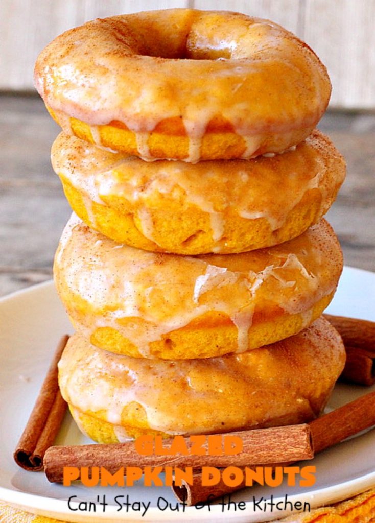 Glazed Pumpkin Donuts | Can't Stay Out of the Kitchen | These #donuts will knock your socks off! They're filled with #pumpkin & pumpkin pie spice. Then they're glazed with vanilla icing & sprinkled with #cinnamon. Terrific for #fall & winter #baking, #holidays & company. #PumpkinDonuts #Breakfast #HolidayBreakfast #NewYearsDay #NewYearsDayBreakfast