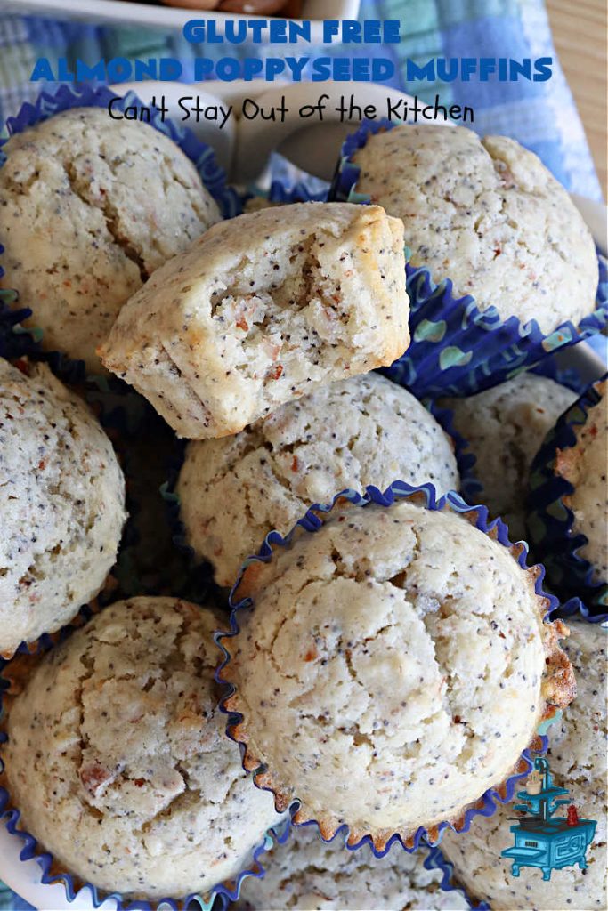 Gluten Free Almond Poppyseed Muffins | Can't Stay Out of the Kitchen | these moist, delicious #muffins include both #AlmondExtract & diced #almonds along with #poppyseeds for a wonderfully delightful & yummy #breakfast or #brunch idea. Using #GlutenFree #KingArthurFlour allows your GF family or friends to also enjoy these fantastic #BreakfastMuffins. Great for a weekend, company or #holiday breakfast especially #Thanksgiving or #Christmas. #GlutenFreeAlmondPoppyseedMuffins