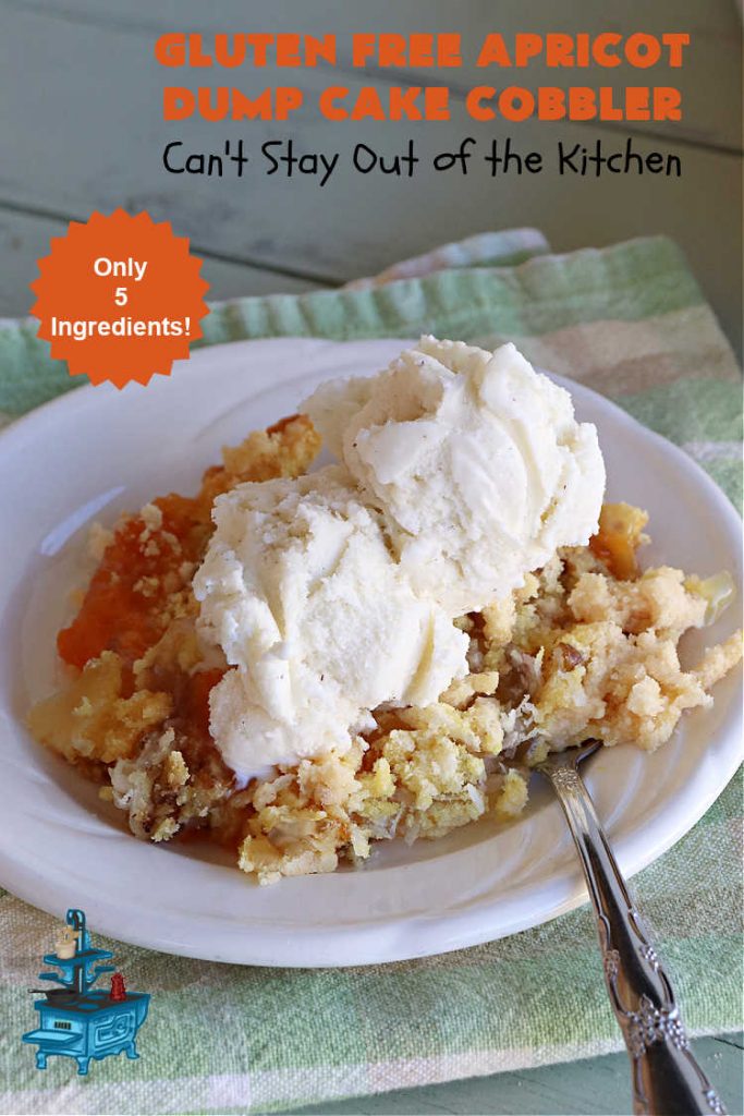 Gluten Free Apricot Dump Cake Cobbler | Can't Stay Out of the Kitchen | this super easy 5-ingredient #recipe can be made with regular #CakeMix or #GlutenFreeCakeMix, whichever you prefer. It's made with #ApricotPieFilling, #coconut & #walnuts. This drool-worthy #dessert is fantastic for potlucks, backyard BBQs, or family or company dinners. #apricots #cake #DumpCake #cobbler #ApricotCobbler #GlutenFreeApricotDumpCakeCobbler
