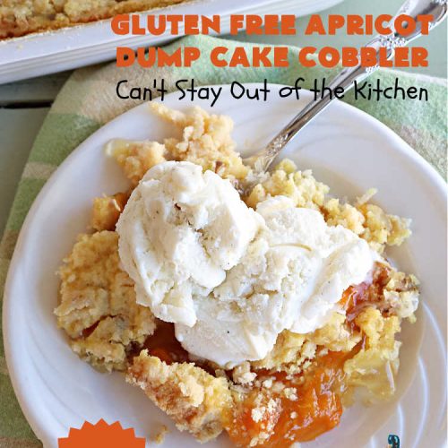 Gluten Free Apricot Dump Cake Cobbler | Can't Stay Out of the Kitchen | this super easy 5-ingredient #recipe can be made with regular #CakeMix or #GlutenFreeCakeMix, whichever you prefer. It's made with #ApricotPieFilling, #coconut & #walnuts. This drool-worthy #dessert is fantastic for potlucks, backyard BBQs, or family or company dinners. #apricots #cake #DumpCake #cobbler #ApricotCobbler #GlutenFreeApricotDumpCakeCobbler