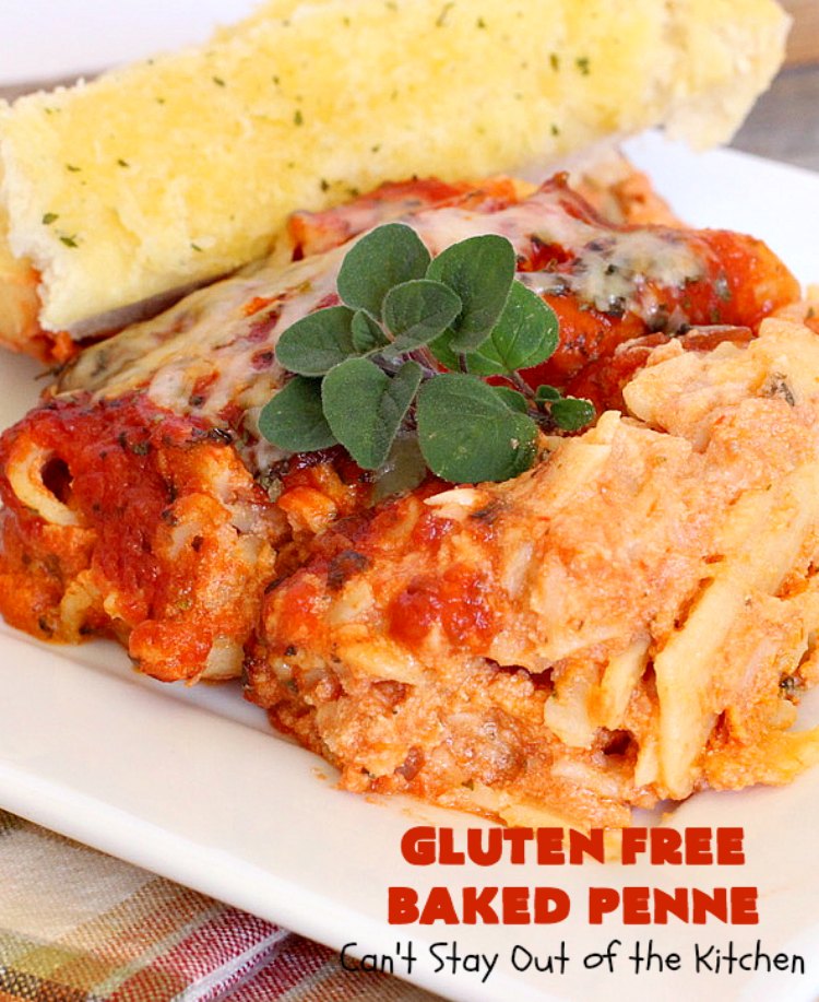Gluten Free Baked Penne | Can't Stay Out of the Kitchen | You'll never believe you're eating #GlutenFree with this amazing #pasta entree. It's filled with 3 cheeses so it's hearty, filling & very satisfying comfort food. Our company raved over it. #RicottaCheese #MozzarellaCheese #ParmesanCheese #RonzoniGlutenFreePasta #GlutenFreePasta #MeatlessMondays #Italian