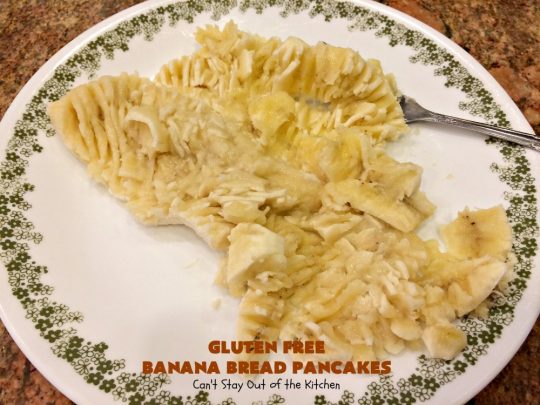 Gluten Free Banana Bread Pancakes | Can't Stay Out of the Kitchen | these luscious #pancakes remind you of homemade #BananaBread. They're filled with #bananas, #walnuts & cinnamon for extraordinary flavor. Plus they're made with #GlutenFree flour. Wonderful for a weekend, company or #holiday #breakfast. #BananaBreadPancakes #MapleSyrup #GlutenFreeBananaBreadPancakes